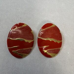 Large Vintage Red Enamel Egg Shaped Pierced Earring with Gold Tone Stripes.